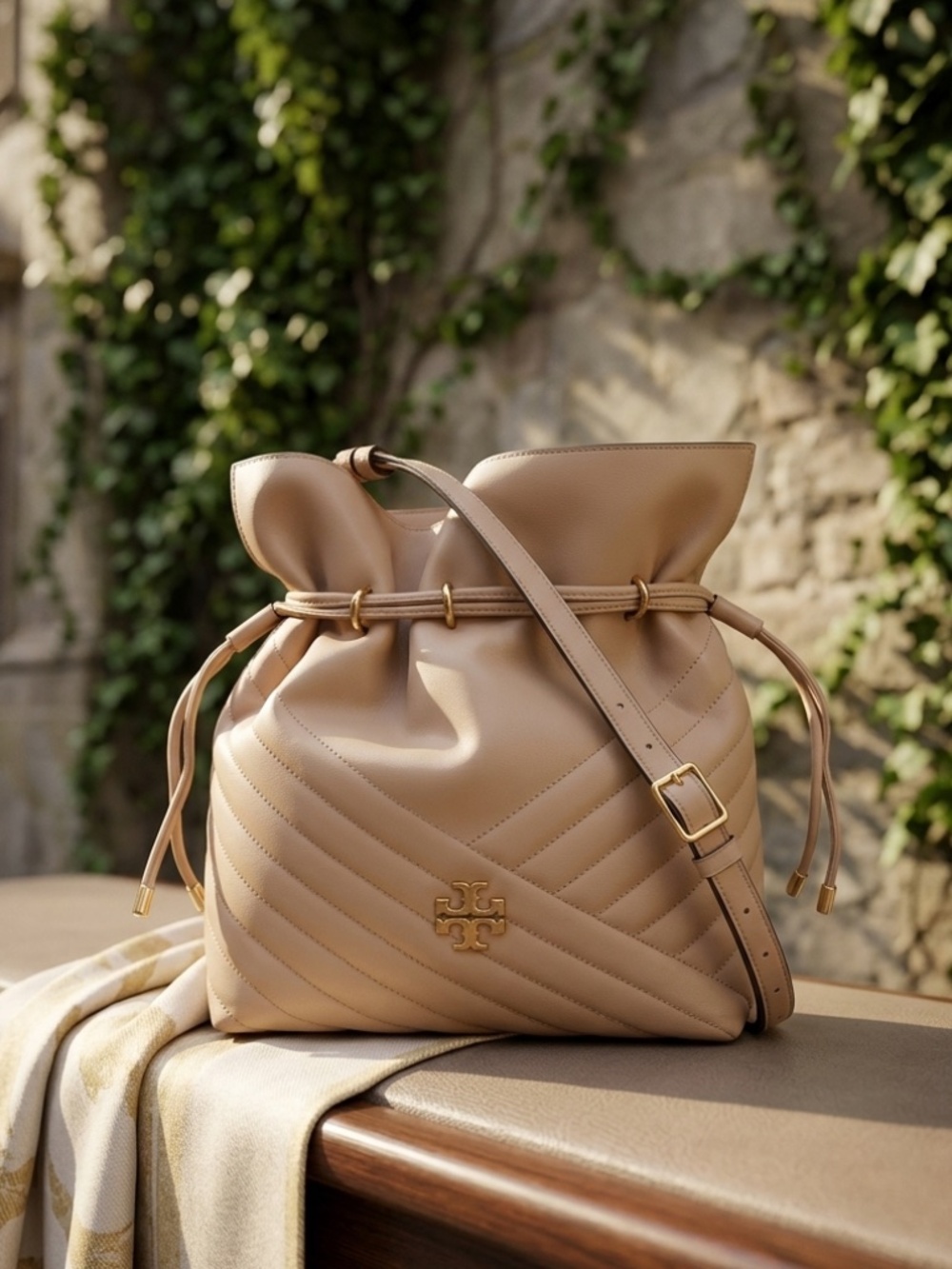 NEW Tory Burch Kira Chevron Devon Sand Beige Drawstring Bucket Tote/Shoulder Bag